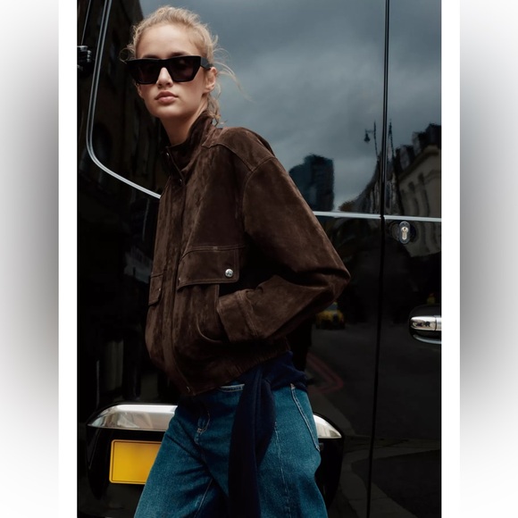 Zara 100% SUEDE LEATHER BOMBER JACKET WITH POCKETS - Picture 4 of 15
